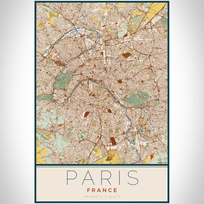 Paris France Map Print Portrait Orientation in Woodblock Style With Shaded Background