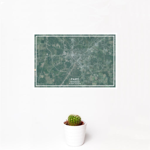 12x18 Paris Tennessee Map Print Landscape Orientation in Afternoon Style With Small Cactus Plant in White Planter