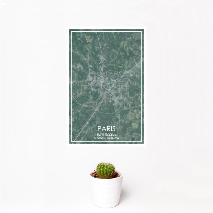 12x18 Paris Tennessee Map Print Portrait Orientation in Afternoon Style With Small Cactus Plant in White Planter
