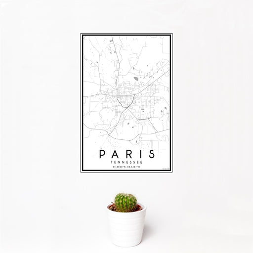 12x18 Paris Tennessee Map Print Portrait Orientation in Classic Style With Small Cactus Plant in White Planter