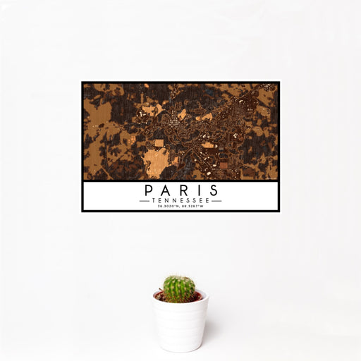12x18 Paris Tennessee Map Print Landscape Orientation in Ember Style With Small Cactus Plant in White Planter