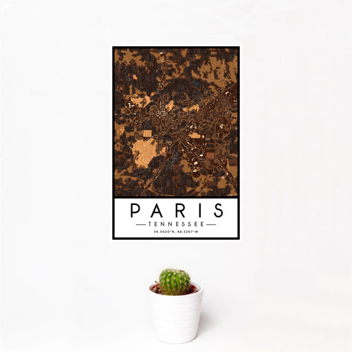 12x18 Paris Tennessee Map Print Portrait Orientation in Ember Style With Small Cactus Plant in White Planter