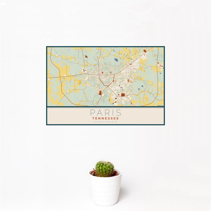 12x18 Paris Tennessee Map Print Landscape Orientation in Woodblock Style With Small Cactus Plant in White Planter