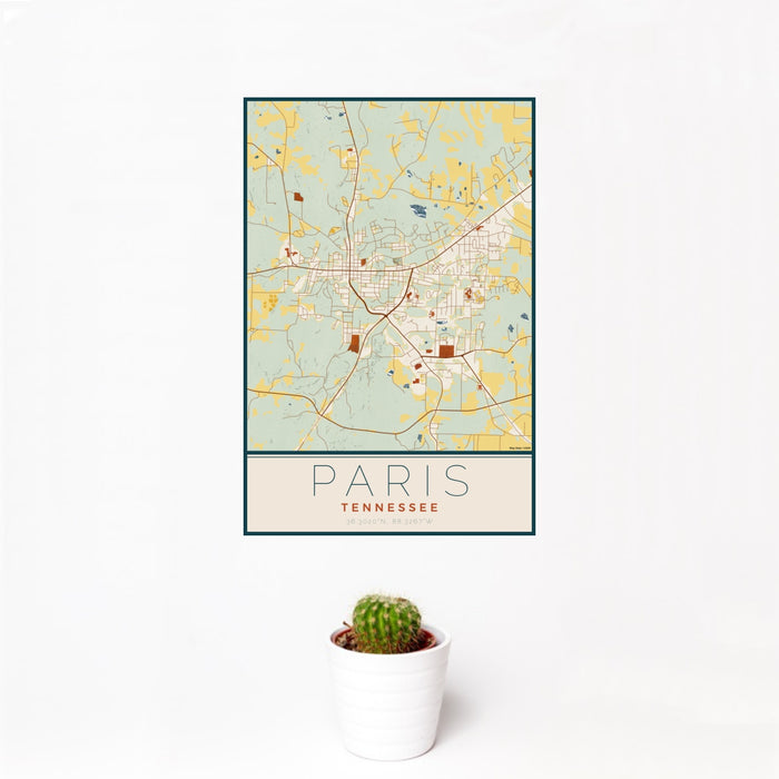 12x18 Paris Tennessee Map Print Portrait Orientation in Woodblock Style With Small Cactus Plant in White Planter