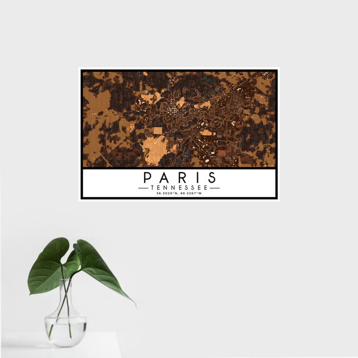16x24 Paris Tennessee Map Print Landscape Orientation in Ember Style With Tropical Plant Leaves in Water