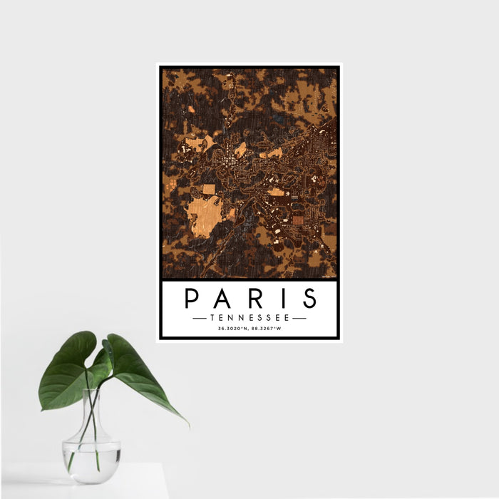 16x24 Paris Tennessee Map Print Portrait Orientation in Ember Style With Tropical Plant Leaves in Water