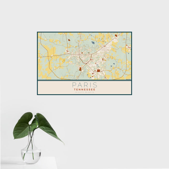 16x24 Paris Tennessee Map Print Landscape Orientation in Woodblock Style With Tropical Plant Leaves in Water