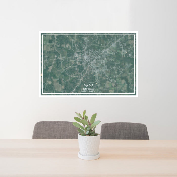 24x36 Paris Tennessee Map Print Lanscape Orientation in Afternoon Style Behind 2 Chairs Table and Potted Plant