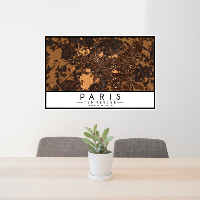24x36 Paris Tennessee Map Print Lanscape Orientation in Ember Style Behind 2 Chairs Table and Potted Plant