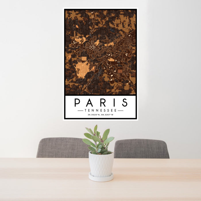 24x36 Paris Tennessee Map Print Portrait Orientation in Ember Style Behind 2 Chairs Table and Potted Plant
