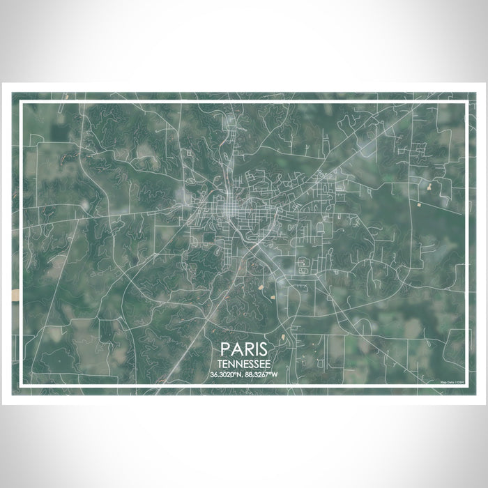 Paris Tennessee Map Print Landscape Orientation in Afternoon Style With Shaded Background