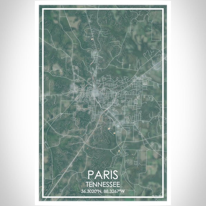 Paris Tennessee Map Print Portrait Orientation in Afternoon Style With Shaded Background
