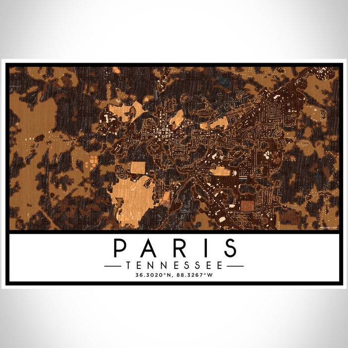 Paris Tennessee Map Print Landscape Orientation in Ember Style With Shaded Background