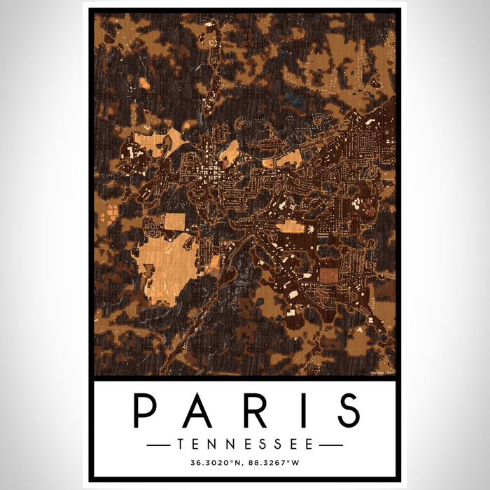 Paris Tennessee Map Print Portrait Orientation in Ember Style With Shaded Background
