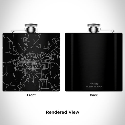 Rendered View of Paris Tennessee Map Engraving on 6oz Stainless Steel Flask in Black