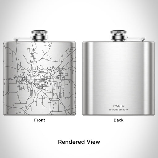 Rendered View of Paris Tennessee Map Engraving on 6oz Stainless Steel Flask