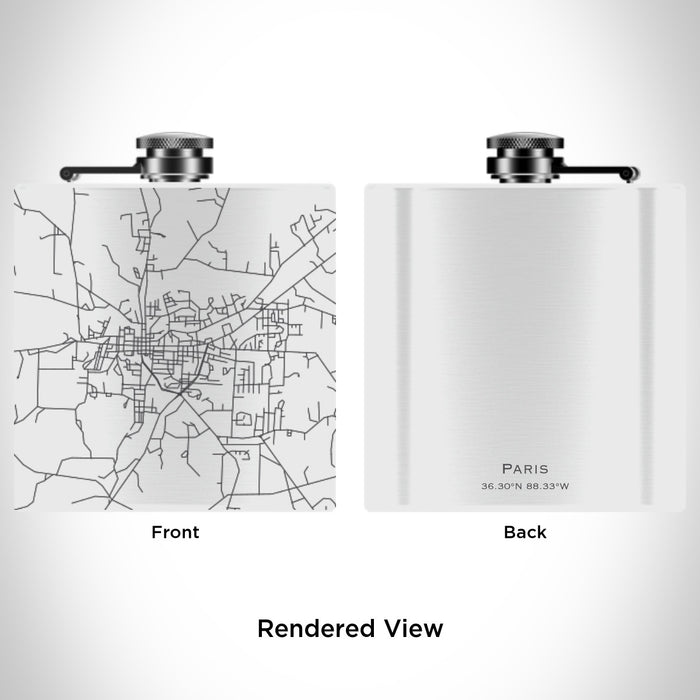 Rendered View of Paris Tennessee Map Engraving on 6oz Stainless Steel Flask in White