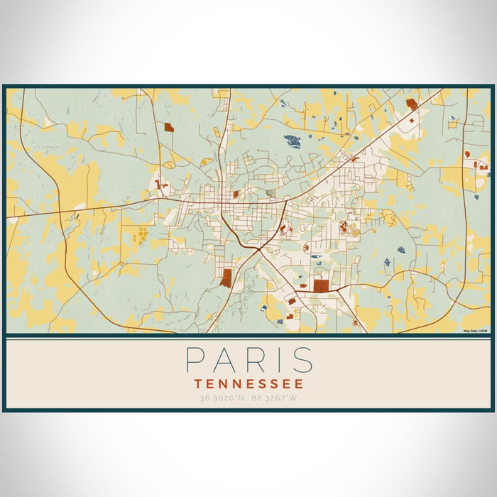 Paris Tennessee Map Print Landscape Orientation in Woodblock Style With Shaded Background