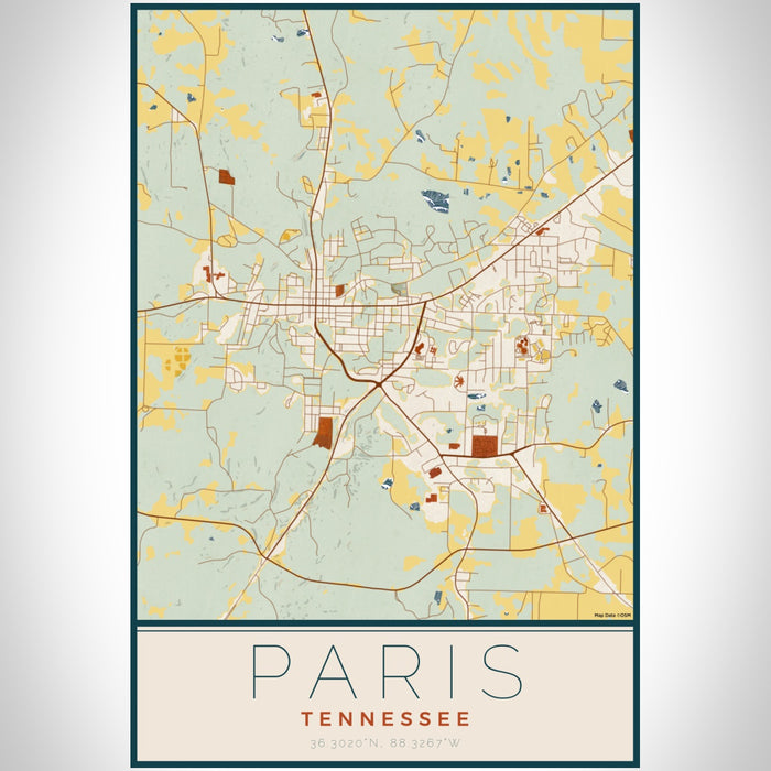 Paris Tennessee Map Print Portrait Orientation in Woodblock Style With Shaded Background