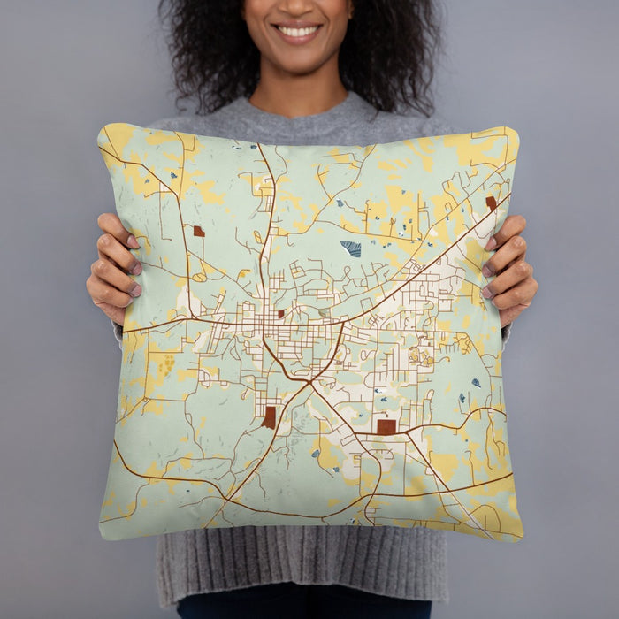 Person holding 18x18 Custom Paris Tennessee Map Throw Pillow in Woodblock