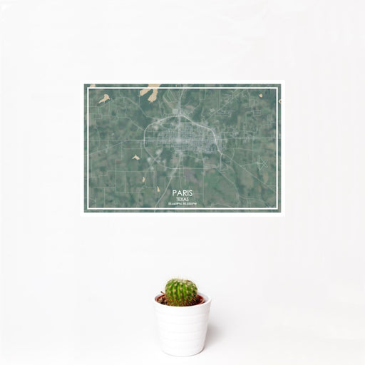 12x18 Paris Texas Map Print Landscape Orientation in Afternoon Style With Small Cactus Plant in White Planter