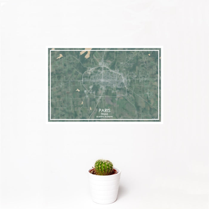 12x18 Paris Texas Map Print Landscape Orientation in Afternoon Style With Small Cactus Plant in White Planter
