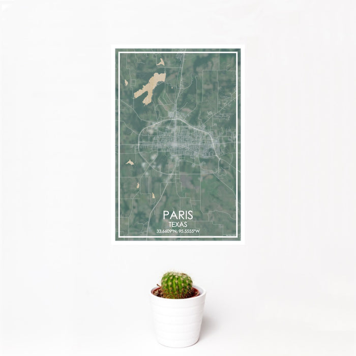 12x18 Paris Texas Map Print Portrait Orientation in Afternoon Style With Small Cactus Plant in White Planter
