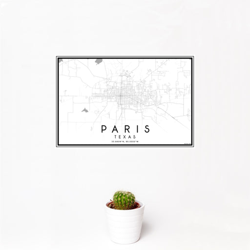 12x18 Paris Texas Map Print Landscape Orientation in Classic Style With Small Cactus Plant in White Planter