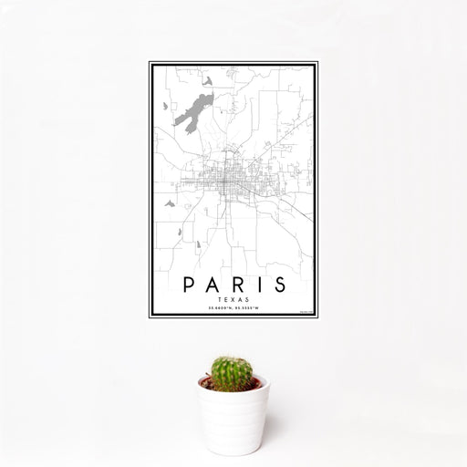 12x18 Paris Texas Map Print Portrait Orientation in Classic Style With Small Cactus Plant in White Planter