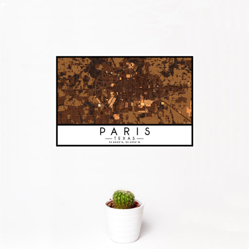 12x18 Paris Texas Map Print Landscape Orientation in Ember Style With Small Cactus Plant in White Planter