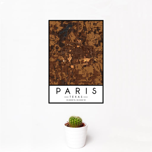 12x18 Paris Texas Map Print Portrait Orientation in Ember Style With Small Cactus Plant in White Planter