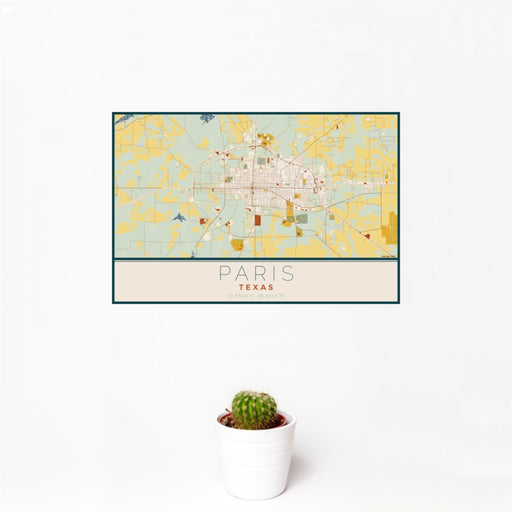 12x18 Paris Texas Map Print Landscape Orientation in Woodblock Style With Small Cactus Plant in White Planter