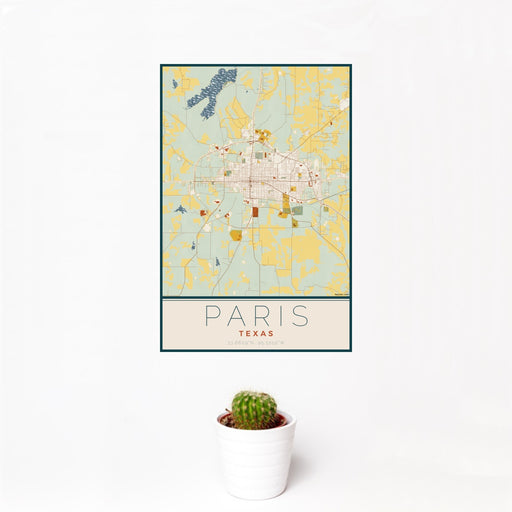 12x18 Paris Texas Map Print Portrait Orientation in Woodblock Style With Small Cactus Plant in White Planter