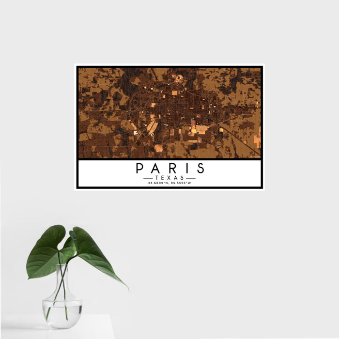 16x24 Paris Texas Map Print Landscape Orientation in Ember Style With Tropical Plant Leaves in Water