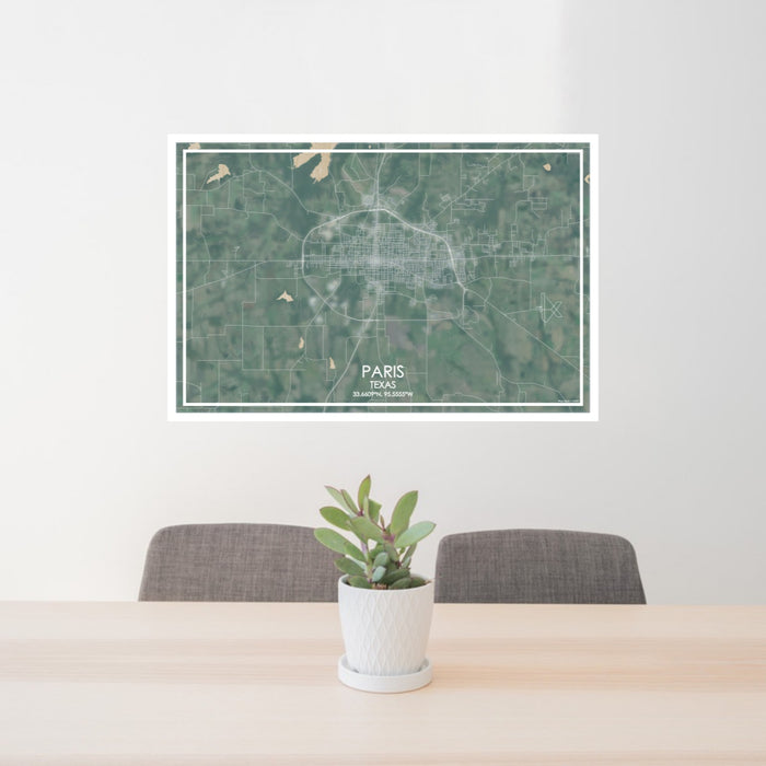 24x36 Paris Texas Map Print Lanscape Orientation in Afternoon Style Behind 2 Chairs Table and Potted Plant