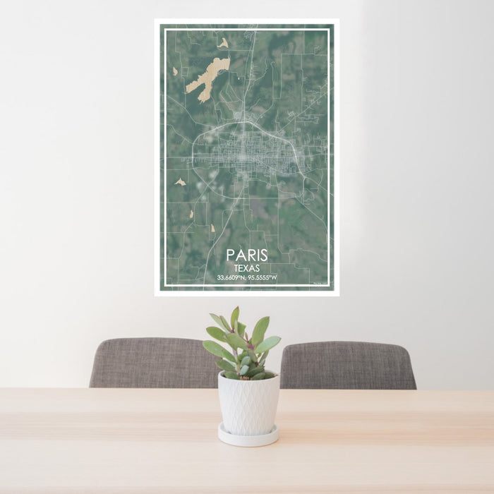 24x36 Paris Texas Map Print Portrait Orientation in Afternoon Style Behind 2 Chairs Table and Potted Plant