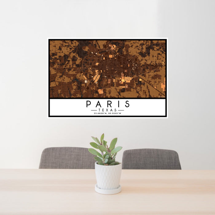 24x36 Paris Texas Map Print Lanscape Orientation in Ember Style Behind 2 Chairs Table and Potted Plant
