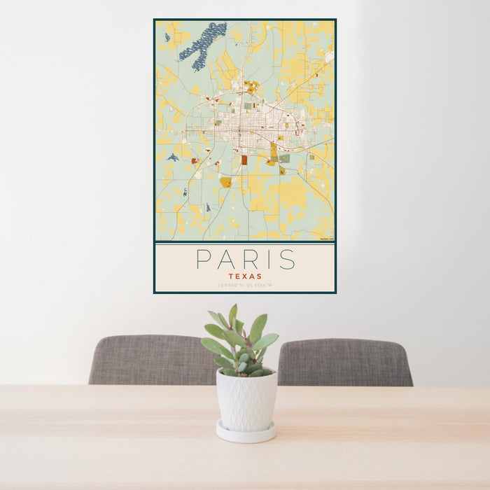 24x36 Paris Texas Map Print Portrait Orientation in Woodblock Style Behind 2 Chairs Table and Potted Plant