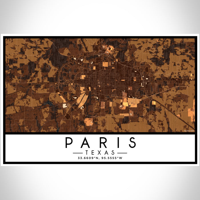 Paris Texas Map Print Landscape Orientation in Ember Style With Shaded Background
