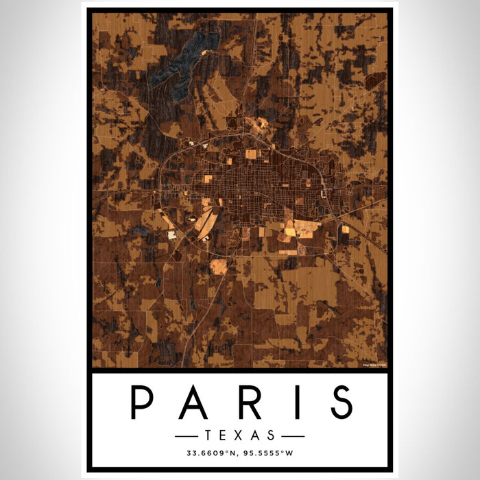 Paris Texas Map Print Portrait Orientation in Ember Style With Shaded Background