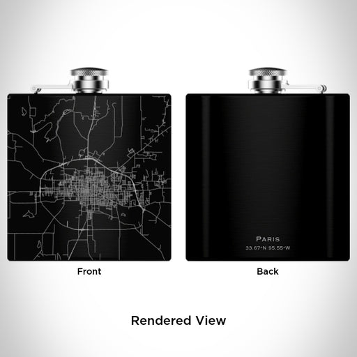 Rendered View of Paris Texas Map Engraving on 6oz Stainless Steel Flask in Black