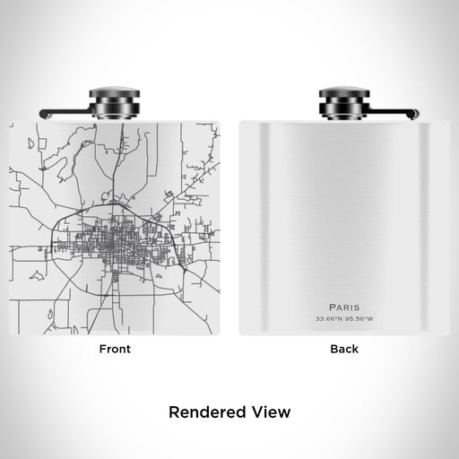 Rendered View of Paris Texas Map Engraving on 6oz Stainless Steel Flask in White