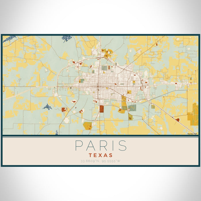 Paris Texas Map Print Landscape Orientation in Woodblock Style With Shaded Background