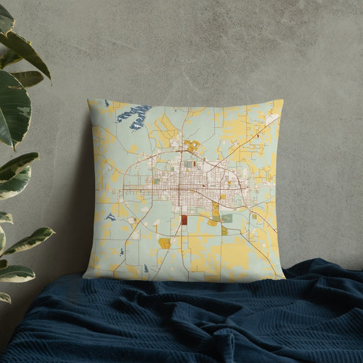 Custom Paris Texas Map Throw Pillow in Woodblock on Bedding Against Wall