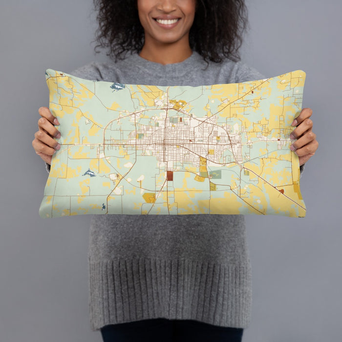 Person holding 20x12 Custom Paris Texas Map Throw Pillow in Woodblock