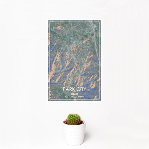 12x18 Park City Utah Map Print Portrait Orientation in Afternoon Style With Small Cactus Plant in White Planter