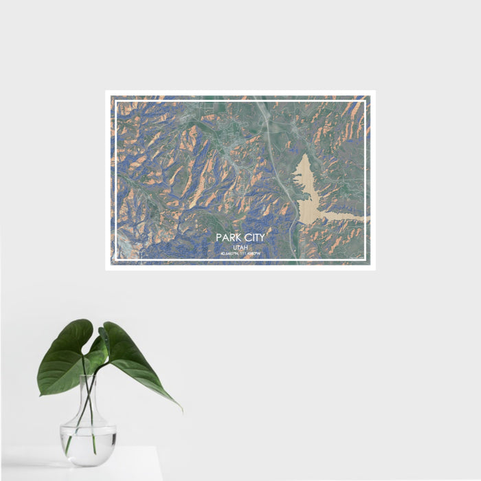 16x24 Park City Utah Map Print Landscape Orientation in Afternoon Style With Tropical Plant Leaves in Water