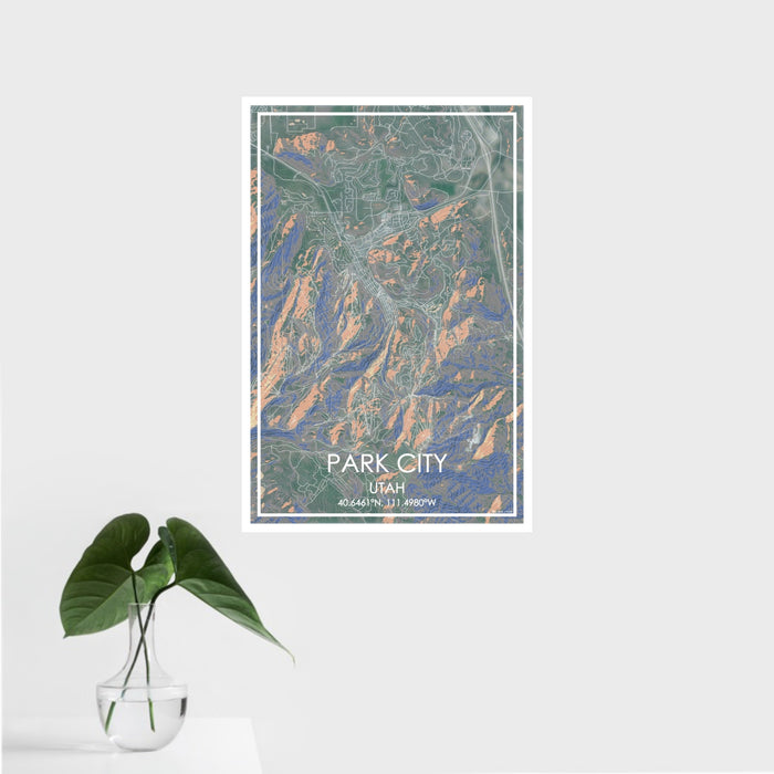 16x24 Park City Utah Map Print Portrait Orientation in Afternoon Style With Tropical Plant Leaves in Water