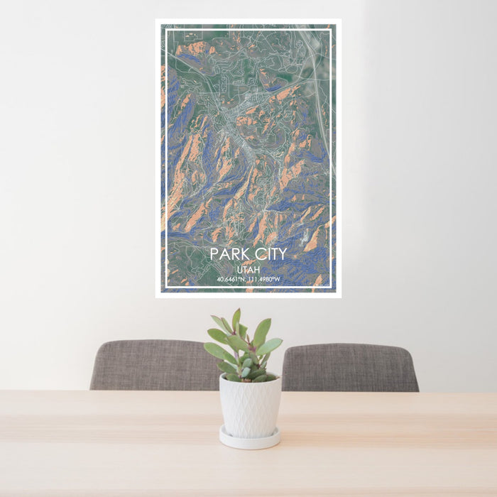 24x36 Park City Utah Map Print Portrait Orientation in Afternoon Style Behind 2 Chairs Table and Potted Plant