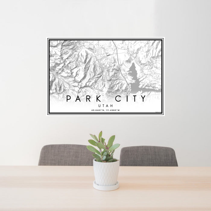 24x36 Park City Utah Map Print Landscape Orientation in Classic Style Behind 2 Chairs Table and Potted Plant